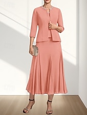 olcso Tea hossza-Két részes A-vonalú menyecske anyukájának ruha Esküvői vendég Elegáns Kerek nyak Tea hosszúságú Chiffon 3/4 Hosszú ujjú Gyöngyözéssel Midi ruha 2025