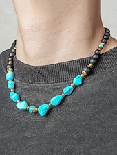 abordables Bijoux pour hommes-Collier de perles en pierre naturelle fait main pour homme – ras du cou style bohème vintage turquoise et agate noire, bijoux tribaux pour la plage, les voyages et les tenues décontractées