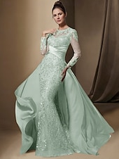 economico BLU-Abito da festa sirena Madre della Sposa Abito Ospite di matrimonio Elegante Collo gioiello Treno a strascico  spazzola Stretch raso Manica lunga con pizzo paillettes arricciato per impressionare 2025