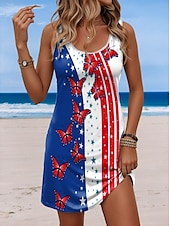 preiswerte Humor &amp; Zitate Kleider-Damen Patriotisch Veteran Mini Kleid A-Linie Kleid Sommer Kleid Off-Shoulder Kleid Urlaub Lässig Täglicher Lockere Passform Grafik Flagge Ärmellos U-Hals Blau Sommer