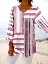 billige Kvinne Striper &amp; Geometriske Topper-Dame Bluse Grafisk Stripet Stilfull Strandstil Kortermet V-hals Vanlige topper Daglig Trykt mønster Rosa Blå Grå Vår Høst