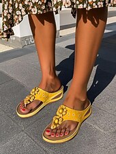 tanie Wygodne sandały-damskie sandały na koturnie z wkładką masującą – kwiatowe, boho japonki na co dzień, na lato, na plażę i na zewnątrz