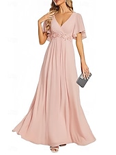 baratos Vestidos para Madrinhas-Linha A Vestido de Madrinha Decote V Manga Curta Elegante Longo Chiffon com Apliques / Franzido 2022