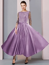 baratos Comprimento do chão-Vestido A-Line para Mãe da Noiva Convidada Formal Festa Elegante Decote Redondo Comprimento Chá Renda de Cetim Manga 3/4 com Cinto  Fita tamanho personalizado gratuito.