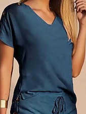 preiswerte Blusenanzüge für Damen-Zwei Teile Damen Mode Straßenbekleidung tägliche Shorts Sets Kurzarm V-Ausschnitt Geometrisch Einfarbig Drawstring Druck Freizeit Täglich Gelb Blau Orange Sommer Reguläre Passform