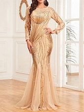 economico NERO-Abito madre della sposa abito elegante festa collo a giro lunghezza a terra cotone misto maniche lunghe con paillettes 2025