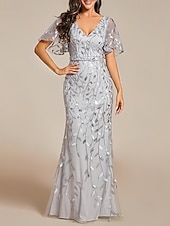 preiswerte Bodenlänge-Meerjungfrauenschnitt Brautmutterkleid Hochzeitsgast Elegant V Ausschnitt Bodenlang Spitze Kurzarm mit Spitze 2025