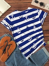 billige Stripe og geometrisk t-skjorte-Dame T skjorte Stripet Anker Fritid Kortermet Rund hals Vanlige topper Daglig Trykt mønster Marineblå Sommer