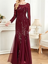 economico NERO-Abito madre della sposa abito elegante festa collo a giro lunghezza a terra cotone misto maniche lunghe con paillettes 2025