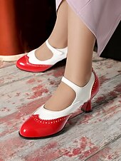 abordables años 1930-Tacones Mary Jane vintage en rojo y blanco para mujer: zapatos brogue clásicos inspirados en los años 50 para moda retro, baile y ocasiones especiales