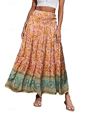 billiga Grafiska kjolar-Dam Kjol Gunga Ledigt Boho Maxi Mellanhög midja Kjolar Blommig Mönster Microelastisk Semester Gata Äppelgrå Violett Svart Mandel Sommar Polyester