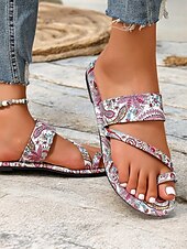 preiswerte Urlaubsandalen-Flache Sandalen für Damen im Boho-Paisley-Print – stylische Riemchensandalen für den Sommer für Freizeitausflüge, Strand und Urlaub