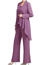 economico Sotto 129,99 $-Pantaloni Abito Madre della Sposa Ospite Matrimonio Elegante Semplice Collo Gioiello Lunghezza del Pavimento Chiffon Manica Lunga con Colore Solido