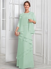 levne S bundou-Modrý dvoudílný A-line formální oblek šaty matky nevěsty elegantní třpyt  lesk s náhrdelníkovým výstřihem podlahové délky šifon s polovičním rukávem a knoflíky a aplikacemi květu