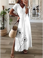 abordables Robes fleuries-Femmes Robe maxi Robe d&#039;Été Robe trapèze Vacances Occasionnel Chaussures de plage Soirée Sortir Coupe régulière Fleuri Graphique Manche Courte Col en V Rose Claire Blanche Rose Claire Printemps