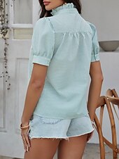 voordelige Dames eenvoudige tops-Dames Overhemd Gestreept Stijlvol Casual Korte mouw Overhemdkraag Normale tops Dagelijks Ruche Knop Afdrukken Wit Blozend Roze blauw Groen Zomer