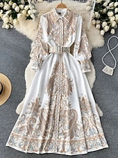 abordables Robes Bohémiennes-Femmes Robe Midi Robe bohème Mode Fête Sortir Week-end Coupe régulière Fleur manche longue Col de chemise Noir Bleu Abricot Été