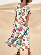 abordables Robes fleuries-Femmes Robe Midi Robe d&#039;Été Robe trapèze Vacances Occasionnel Boho Sortir Plage Graphique Manche Courte Col Rond Frêne Bleu Orange Vert Été Printemps