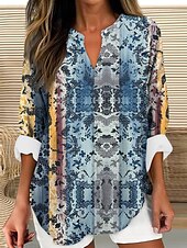 levne Dámské boho topy-Dámské Halenka Květinový Grafika Vinobraní Denní Dlouhý rukáv Do V Běžné topy Denní Dovolená Oblečení na dovolenou Tisk Vodní modrá Léto Jaro