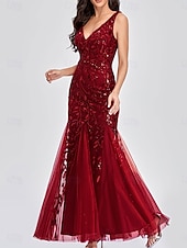 abordables Longueur du plancher-Sirène / Trompette Robes pour invités de mariage Élégant Robe robe demoiselle d honneur Longueur au sol Sans manches Col en V Dentelle avec Appliques 2025