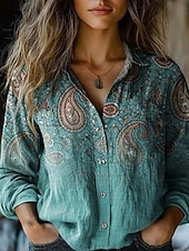 billige Kvinne Boho Topper-Dame Skjorte Grafisk Fritid Langermet Skjortekrage Vanlige topper Arbeid Daglig Knapper Trykt mønster Rød Blå Grønn Kakifarget Vår Høst Vinter