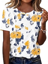 abordables T-shirt floral-Femmes T-shirt Fleuri Graphique Élégant Occasionnel Manche Courte Col rond Hauts Réguliers Quotidien Week-end Imprimé Jaune Été Printemps