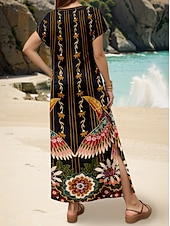 preiswerte Boho Kleider-Frauen Maxikleid Sommerkleid A-Linien Kleid Urlaub Lässig Urlaub Tägliche Regulär Passform Blumen Grafik Kurze Ärmel V-Ausschnitt Schwarz Frühling Herbst
