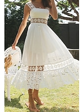 cheap White Graduation Dresses-Women&#039;s Midi Dress White Dress Graduation Dress Elegant Fashion Modern Vacation Birthday Going out Regular Fit Plain Sleeveless U Neck White Summer