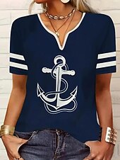 cheap Stripe&amp;Geometric tee-Women&#039;s T Shirt Ocean Striped Anchor Casual Short Sleeve Notched Neck Regular Tops Daily Going out Beach Wear Print Navy Blue Summer Spring