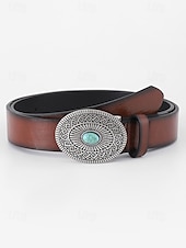 cheap Women&#039;s Belt-&quot;Vintage Western Faux Leather Belt for Women – Boho Turquoise Concho Buckle, Adjustable Cowgirl Waist Belt for Festivals &amp; Casual Wear&quot;