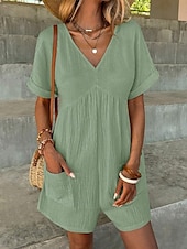 abordables grenouillère-Rompers pour femmes couleur unie manches courtes col en V poches vacances quotidien coupe régulière noir vert abricot été