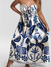 tanie Sukienki z nadrukiem-Damskie Sukienka midi Sukienka dla gościa weselnego w stylu boho Elegancja Elegancki Seksowny Ponadgabarytowych Kwiaty Bez rękawów Kantarka Niebieski Lato Wiosna
