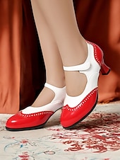 abordables años 1930-Tacones Mary Jane vintage en rojo y blanco para mujer: zapatos brogue clásicos inspirados en los años 50 para moda retro, baile y ocasiones especiales