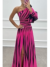 preiswerte Elegante Blumenkleider-Damen kleid lang Ballkleid abendkleider Cocktailkleid Modisch Party Tee-Party Ausgehen Regular Fit Farbblock Langarm Ein-Schulter Weiß Grün Rosenrot Sommer