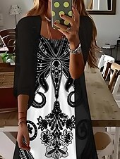 preiswerte Boho Kleid-Damen Maxikleid 2 Teile Kleid Set Sommerkleid Slip Kleid Urlaub Formal Boho Urlaub Lockere Passform Grafik Paisley 3/4 Ärmel Träger V-Ausschnitt Schwarz Sommer Frühling