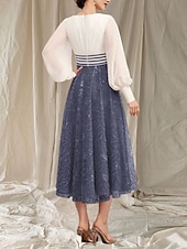 preiswerte Teelänge-A-Linie Brautmutterkleid Hochzeitsgast Elegant Rundhalsausschnitt Tee Länge Chiffon Spitze Lange Ärmeln mit Perlen Rüschen Midi Kleid 2025