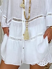 preiswerte Kleider-Damen Mini Kleid Shift Kleid Rüschendress Puffärmel Kleid Leinen Casual Täglich Urlaub Regelmäßige Passform Grafik 3/4 Ärmel V-Ausschnitt Weiß Gelb Rot Braun Sommer