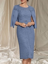 abordables Longueur du thé-Robe Deux Pièces Moulante  Colonne Mère de la Mariée Robe Invité de Mariage Élégante Col Ronde Longueur Thé Manches 3/4 avec Dentelle perles Robe Midi