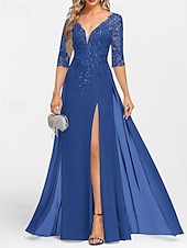 preiswerte Bodenlänge-A-Linie Brautmutterkleid Hochzeitsgast Elegant V Ausschnitt Bodenlang Chiffon Halbarm mit Applikationen Geteilter Vorderteil 2025