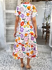 billiga Blommiga klänningar-Kvinnors Maxi Klänning A Linje Klänning Fit Och Flare Klänning Avslappnad Semester Daglig Regular Fit Grafisk Kort Ärmar V Hals Vit Gul Rosa Khaki Sommar