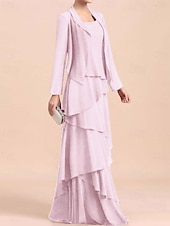 economico Con giacca-Abito A-Line 3 Pezzi per la madre della sposa Abito formale Elegante Vintage Semplice Girocollo Lunghezza fino al pavimento Chiffon Senza maniche Giacca con perline