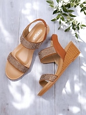 tanie Kobiety-damskie sandały na koturnie z kryształkami – brązowe, odkryte palce, elastyczne paski, wygodne buty na lato, okazje codzienne i eleganckie