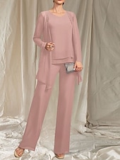 cheap Floor Length-Jumpsuit / Pantsuit 3 Piece Mother of the Bride Dress Wedding Guest Elegant Crew Neck Floor Length Chiffon Long Sleeve with Beading