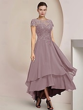 economico Lunghezza del pavimento-Abito A-line Madre della Sposa Abito Ospite di Matrimonio Formale Elegante Alto-Basso Collo a Barchetta Asimmetrico Lunghezza Tea Chiffon Pizzo Manica Corto con Applicazioni in Paillettes 2025 taglia