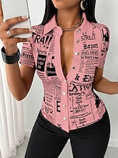 economico Top da Lavoro per Donne-Blusa Per donna Nero Bianco Rosa Giornale Fibbia Stampa Quotidiano Elegante Scollo a V Vestibilità regolare S