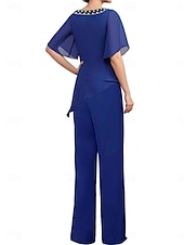 cheap Mom&#039;s Pant Suits-Pantsuit Mother of the Bride Dress Wedding Guest Elegant Simple Square Neck Floor Length Polyester Short Sleeve with Solid Color