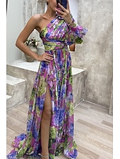 cheap Elegant Floral Dresses-Women&#039;s Long Dress Maxi Dress Prom Dress Party Dress Print Dress Elegant Fashion Party Special Occasion Regular Fit Flower Long Sleeve One Shoulder Yellow Purple Green Summer