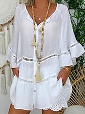 preiswerte Kleider-Damen Mini Kleid Shift Kleid Rüschendress Puffärmel Kleid Leinen Casual Täglich Urlaub Regelmäßige Passform Grafik 3/4 Ärmel V-Ausschnitt Weiß Gelb Rot Braun Sommer