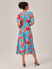 abordables Robes fleuries élégantes-robe midi élégante à fleurs bleues et col en V pour l&#039;été