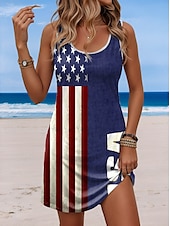 preiswerte Humor &amp; Zitate Kleider-Damen Patriotisch Veteran Mini Kleid A-Linie Kleid Sommer Kleid Off-Shoulder Kleid Urlaub Lässig Täglicher Lockere Passform Grafik Flagge Ärmellos U-Hals Blau Sommer